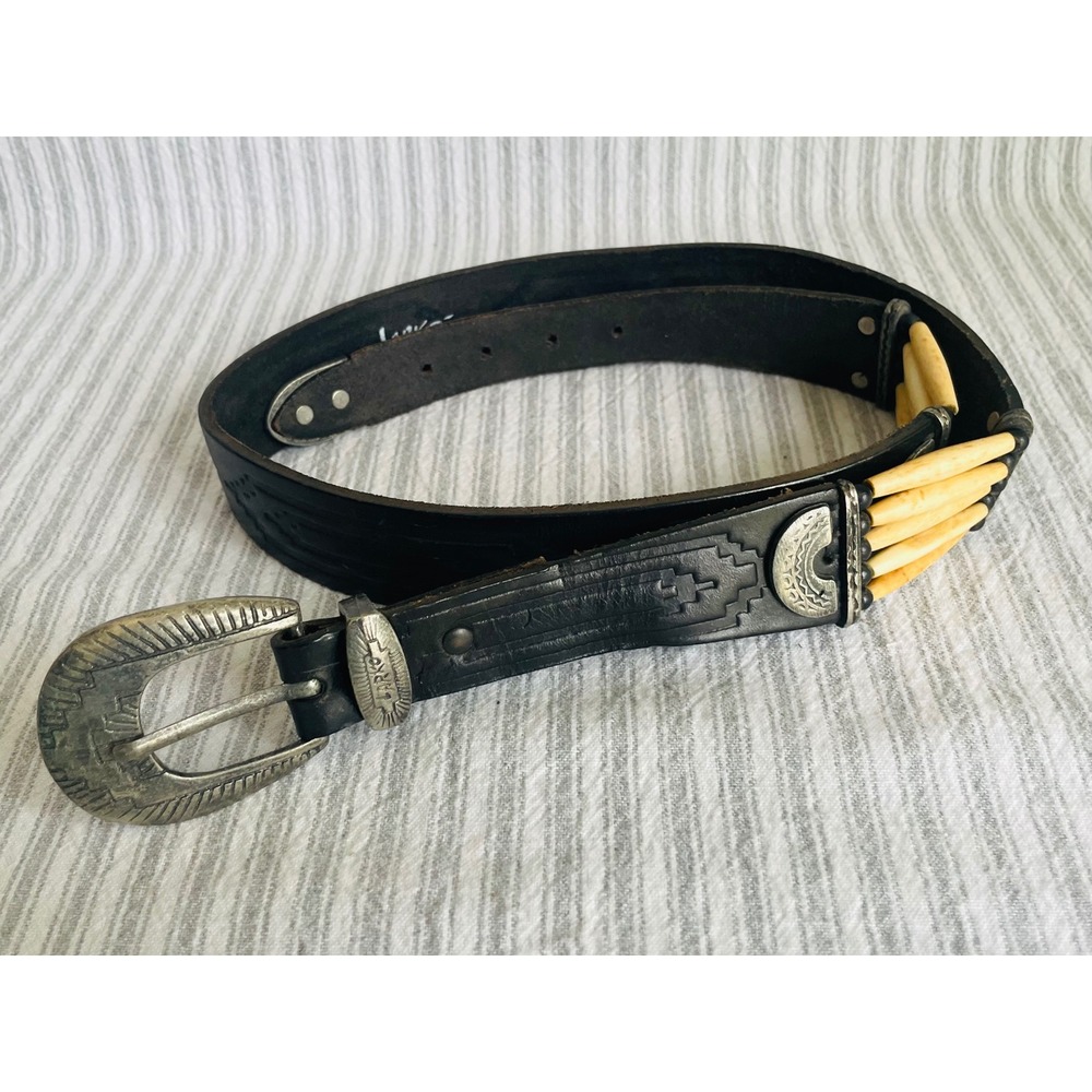 Larko Men's Black Leather Western Belt Hairpipe Bone Bead Silver Buckle Size 36